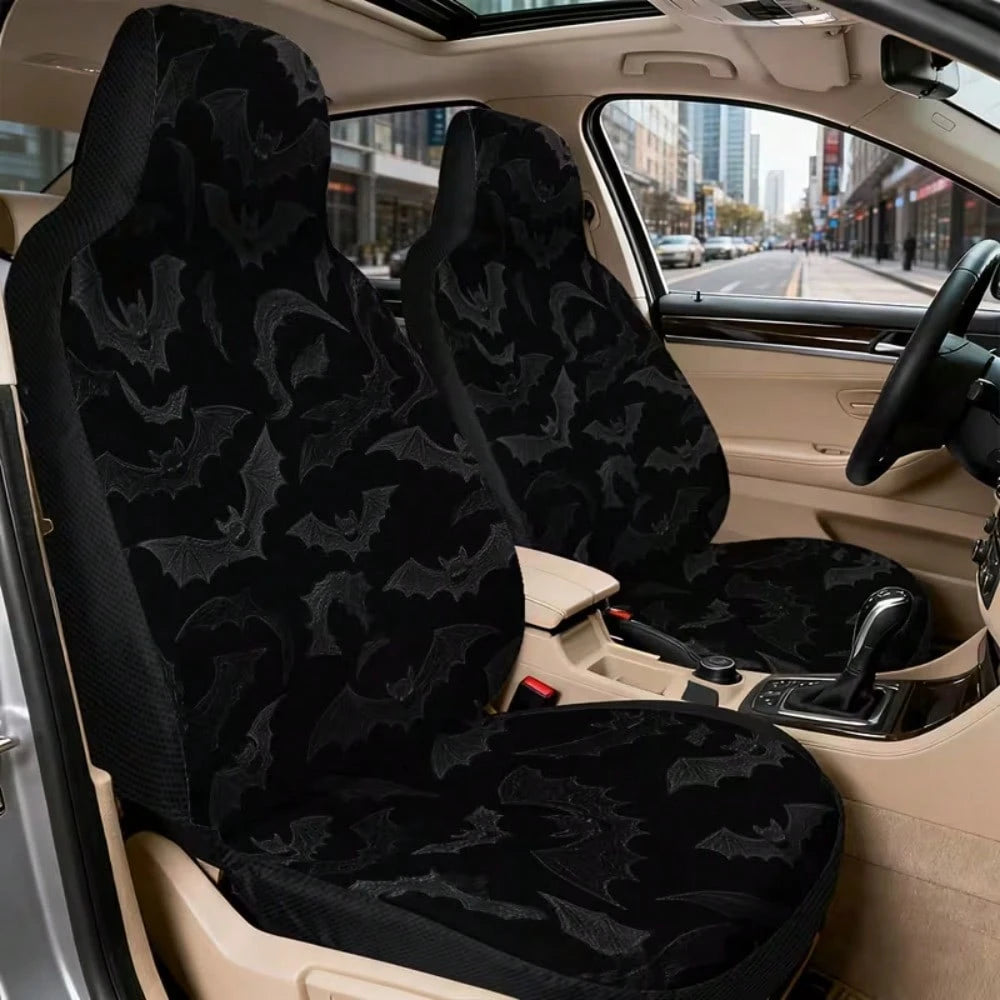 Set Of 2 Flat Printed Car Seat Covers Featuring Halloween Flying Bats, Designed To Fit Front Seats Of Cars, Suvs, And Trucks. Made With Durable Fabric, Suitable For Both Men And Women, These Covers En