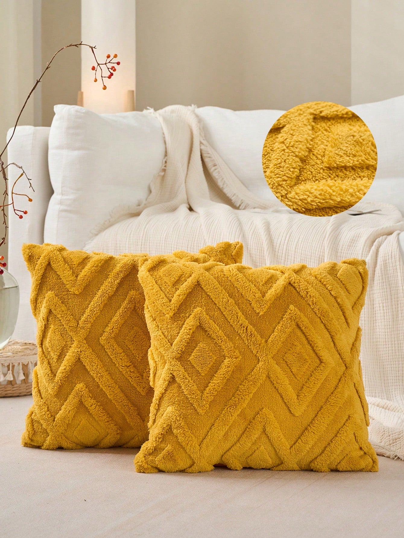 Set Of 2 Fluffy Cream White Throw Pillow Covers 18x18, Soft Checkerboard Pattern Decorative Boho Pillow Cover Case Cushion Cover For Sofa Couch Bed Living Room Farmhouse, Modern Accent, Fall Decor, Au