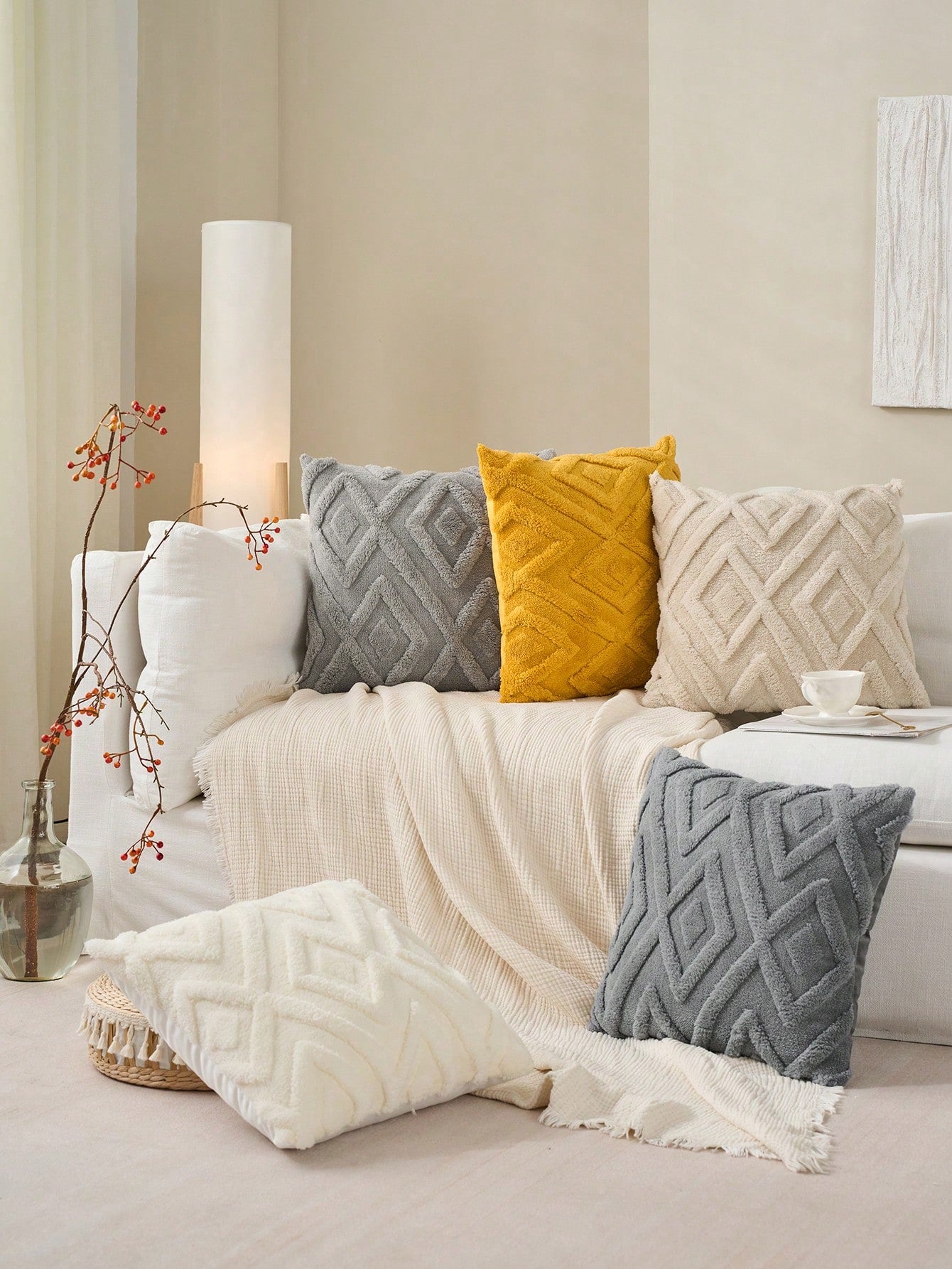 Set Of 2 Fluffy Cream White Throw Pillow Covers 18x18, Soft Checkerboard Pattern Decorative Boho Pillow Cover Case Cushion Cover For Sofa Couch Bed Living Room Farmhouse, Modern Accent, Fall Decor, Au
