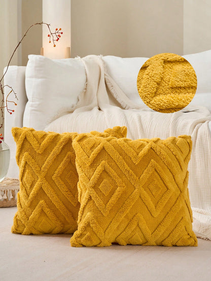 Set Of 2 Fluffy Cream White Throw Pillow Covers 18x18, Soft Checkerboard Pattern Decorative Boho Pillow Cover Case Cushion Cover For Sofa Couch Bed Living Room Farmhouse, Modern Accent, Fall Decor, Au