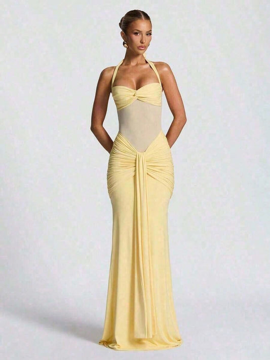 Sexy Spaghetti Strap Backless Waist Cinched High Slit Dress, Mesh Patchwork Vacation Party Dress Women's Fishtail Slim Fit Slip Dress Elegant Long Pr