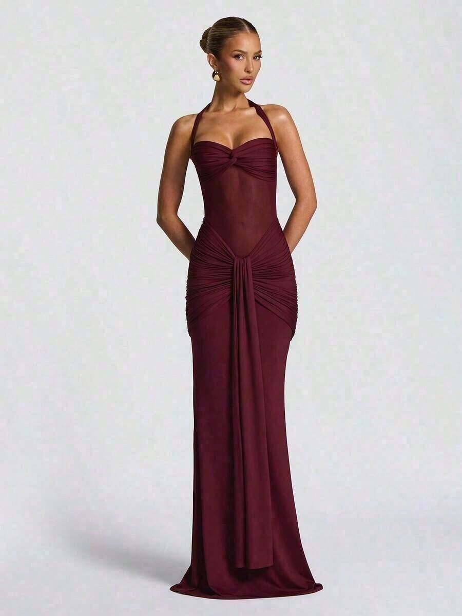 Sexy Spaghetti Strap Backless Waist Cinched High Slit Dress, Mesh Patchwork Vacation Party Dress Women's Fishtail Slim Fit Slip Dress Elegant Long Pr