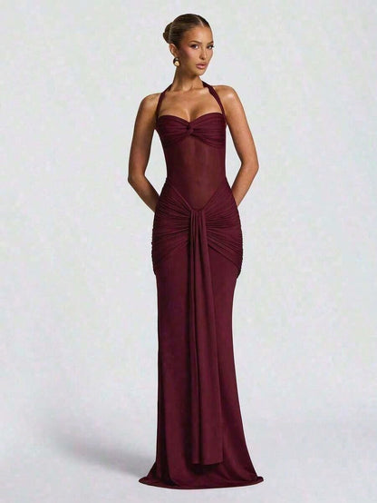 Sexy Spaghetti Strap Backless Waist Cinched High Slit Dress, Mesh Patchwork Vacation Party Dress Women's Fishtail Slim Fit Slip Dress Elegant Long Pr