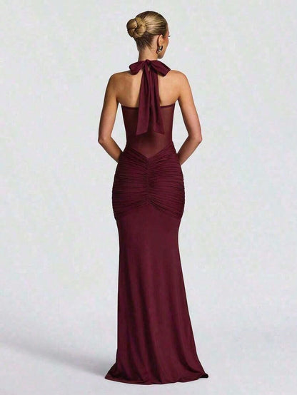 Sexy Spaghetti Strap Backless Waist Cinched High Slit Dress, Mesh Patchwork Vacation Party Dress Women's Fishtail Slim Fit Slip Dress Elegant Long Pr