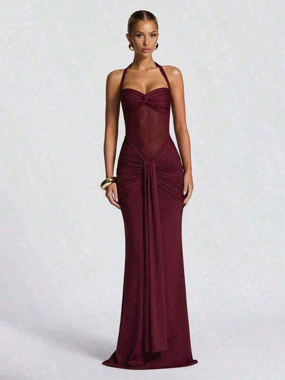 Sexy Spaghetti Strap Backless Waist Cinched High Slit Dress, Mesh Patchwork Vacation Party Dress Women's Fishtail Slim Fit Slip Dress Elegant Long Pr