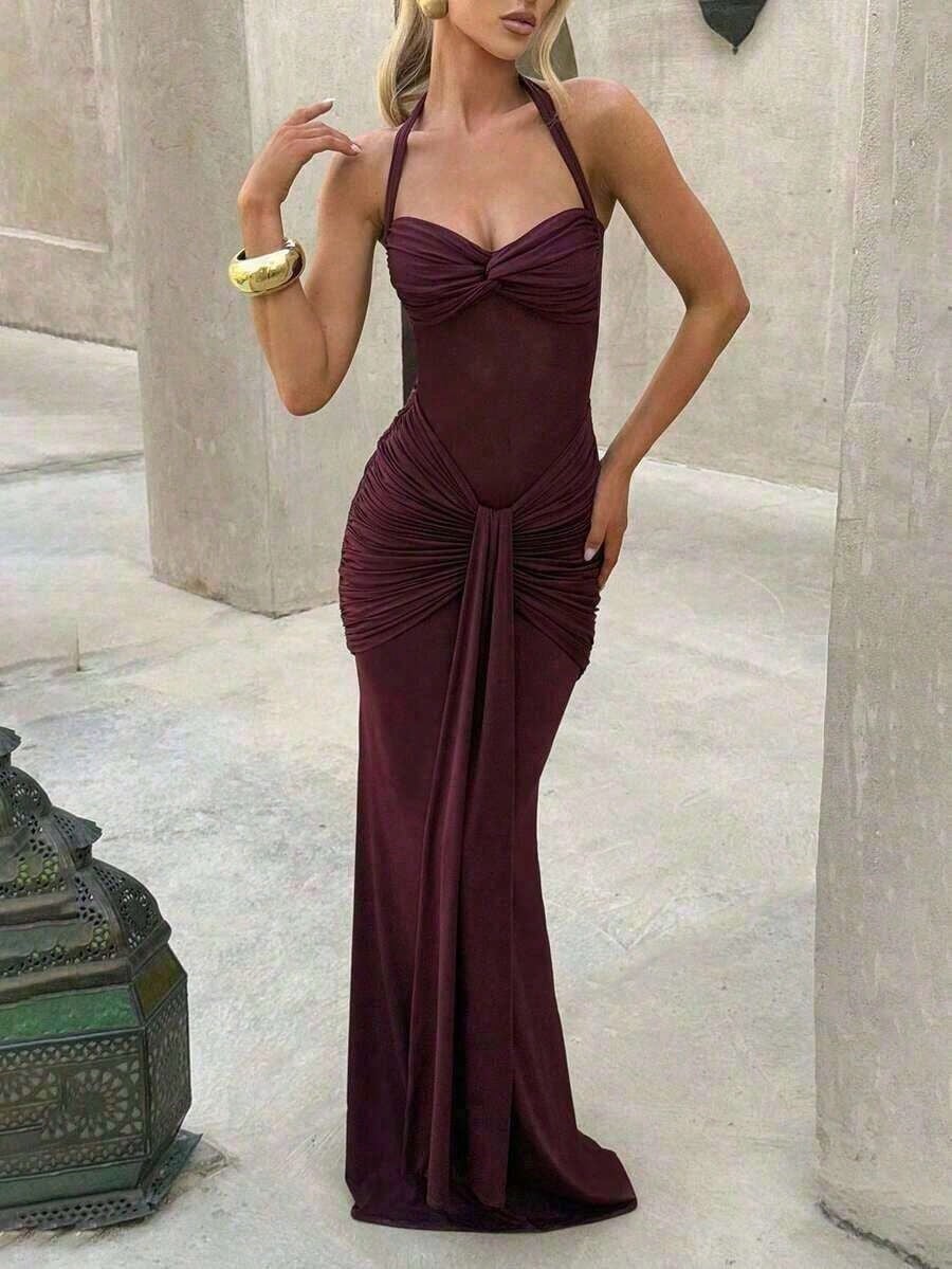 Sexy Spaghetti Strap Backless Waist Cinched High Slit Dress, Mesh Patchwork Vacation Party Dress Women's Fishtail Slim Fit Slip Dress Elegant Long Pr