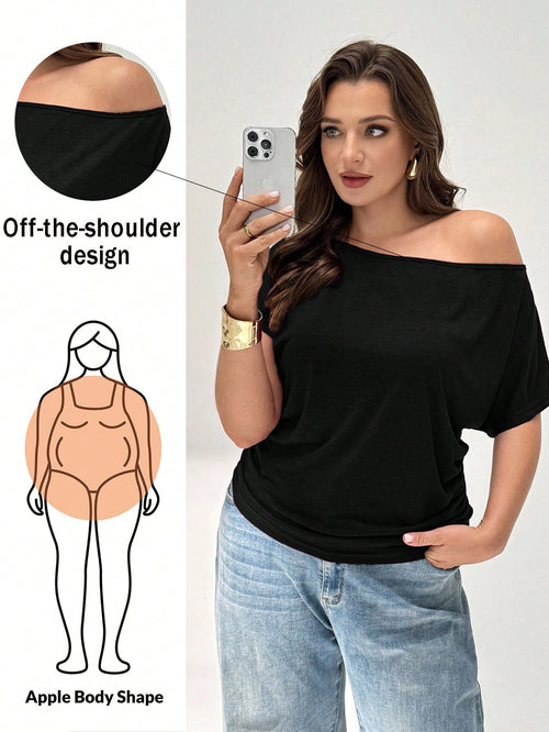 Shapeblank Plus Size Women's Black Summer Casual Everyday Loose Comfortable Off-Shoulder Tops,Thin Cool Daily Work Style, Vacation Cruise Outfits,Curve