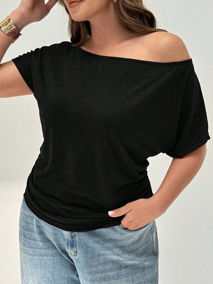 Shapeblank Plus Size Women's Black Summer Casual Everyday Loose Comfortable Off-Shoulder Tops,Thin Cool Daily Work Style, Vacation Cruise Outfits,Curve