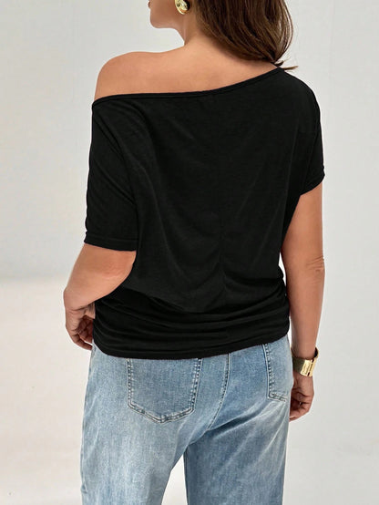 Shapeblank Plus Size Women's Black Summer Casual Everyday Loose Comfortable Off-Shoulder Tops,Thin Cool Daily Work Style, Vacation Cruise Outfits,Curve