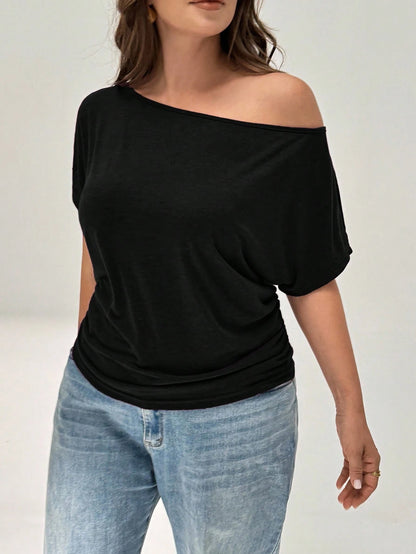 Shapeblank Plus Size Women's Black Summer Casual Everyday Loose Comfortable Off-Shoulder Tops,Thin Cool Daily Work Style, Vacation Cruise Outfits,Curve