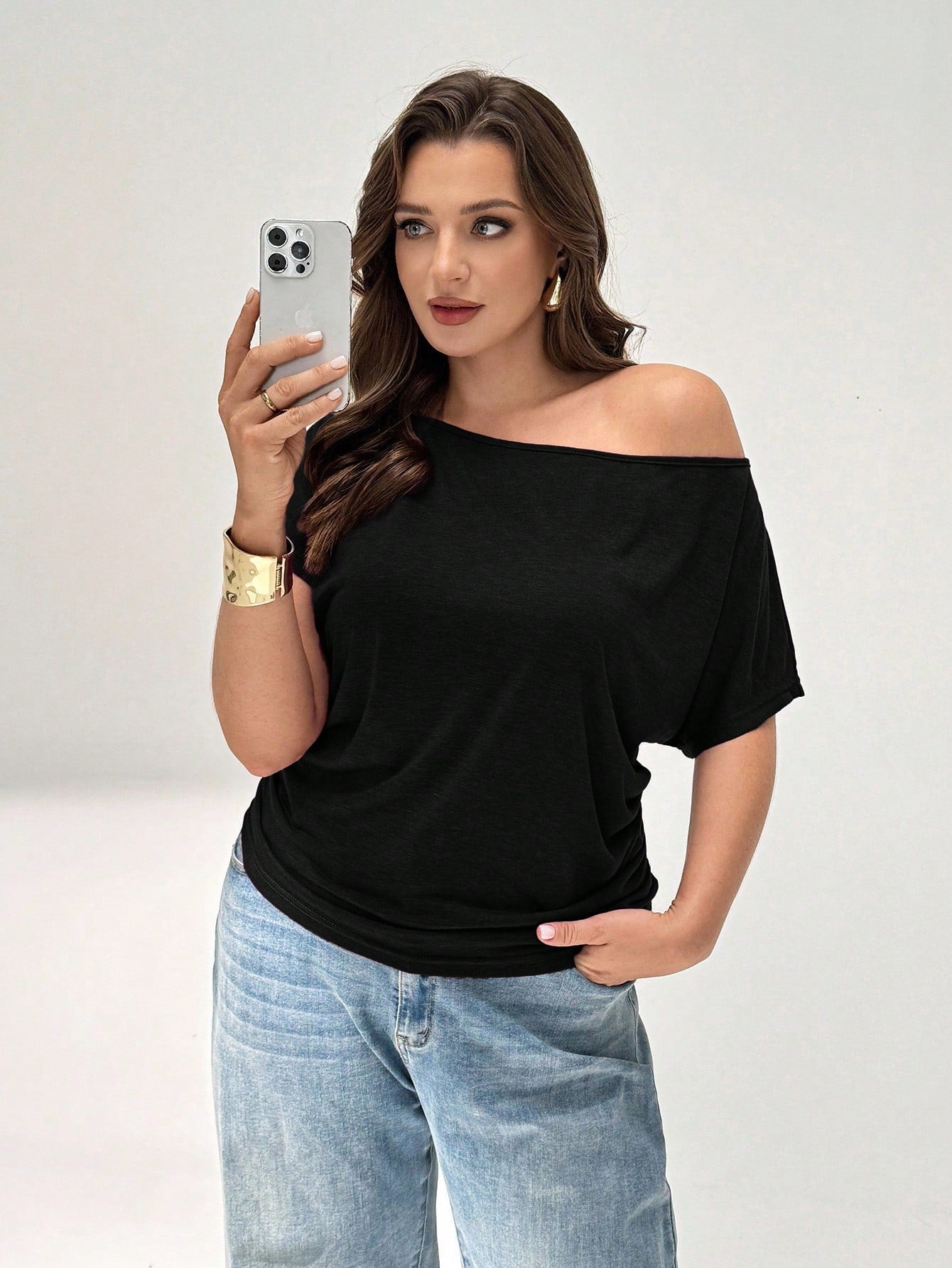 Shapeblank Plus Size Women's Black Summer Casual Everyday Loose Comfortable Off-Shoulder Tops,Thin Cool Daily Work Style, Vacation Cruise Outfits,Curve