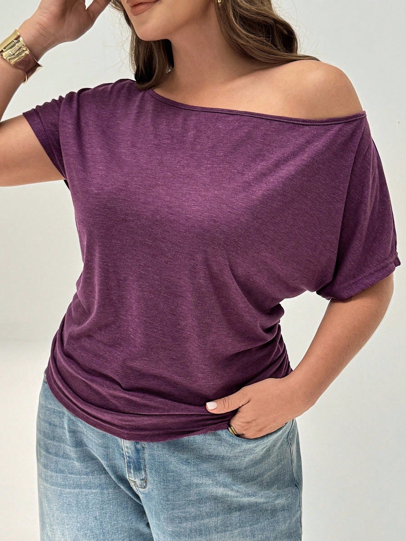 Shapeblank Plus Size Women's Black Summer Casual Everyday Loose Comfortable Off-Shoulder Tops,Thin Cool Daily Work Style, Vacation Cruise Outfits,Curve