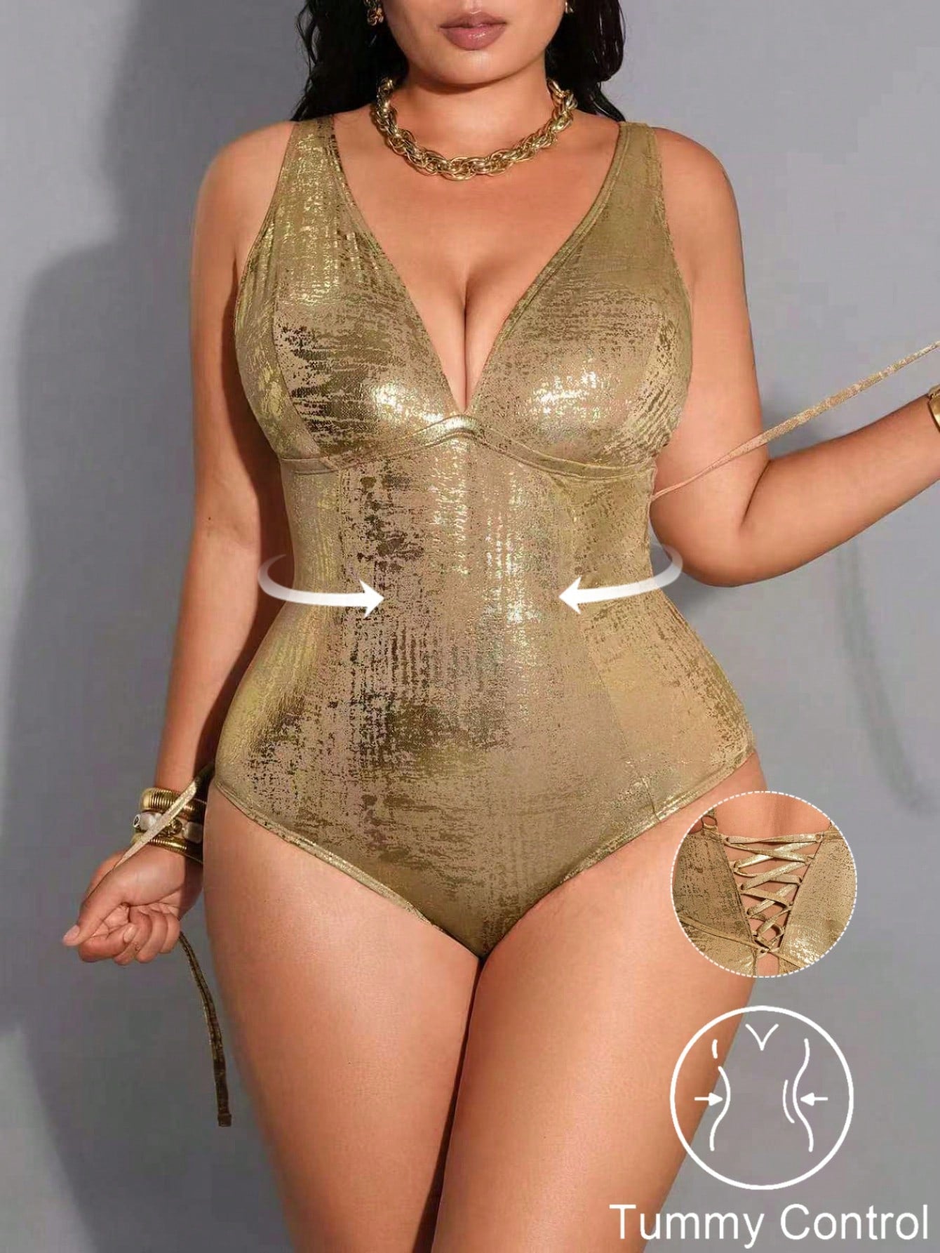 Shapewave Plus Size One-Piece Swimsuit, Metallic Knit Fabric, Spaghetti Straps, Criss-Cross Back, Slimming