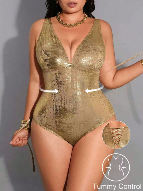 Shapewave Plus Size One-Piece Swimsuit, Metallic Knit Fabric, Spaghetti Straps, Criss-Cross Back, Slimming