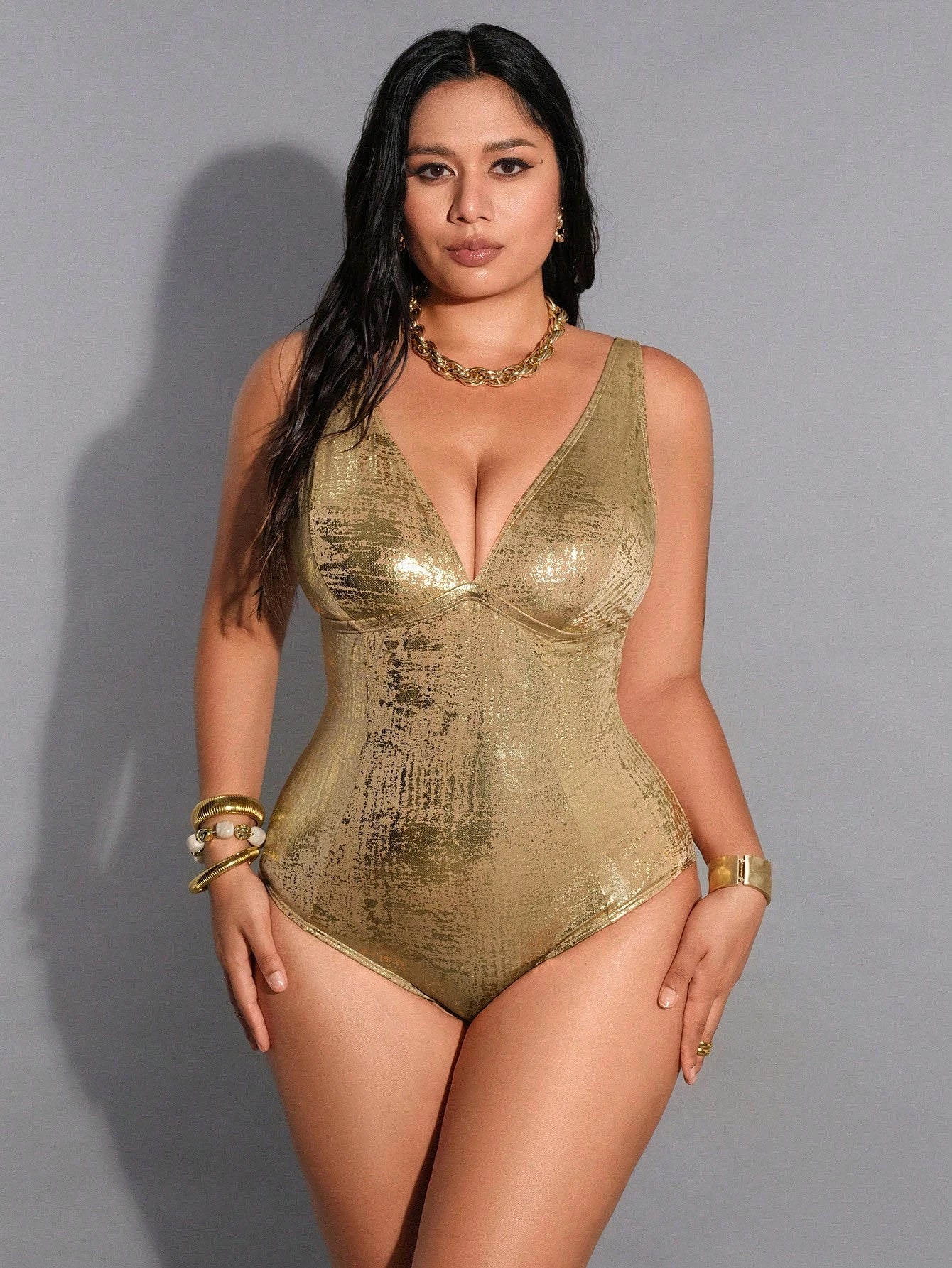 Shapewave Plus Size One-Piece Swimsuit, Metallic Knit Fabric, Spaghetti Straps, Criss-Cross Back, Slimming