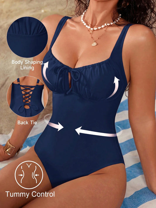 Shapewave Women's Solid Color One-Piece Swimsuit For Beach Vacation Navy Blue Summer Elegant Sexy