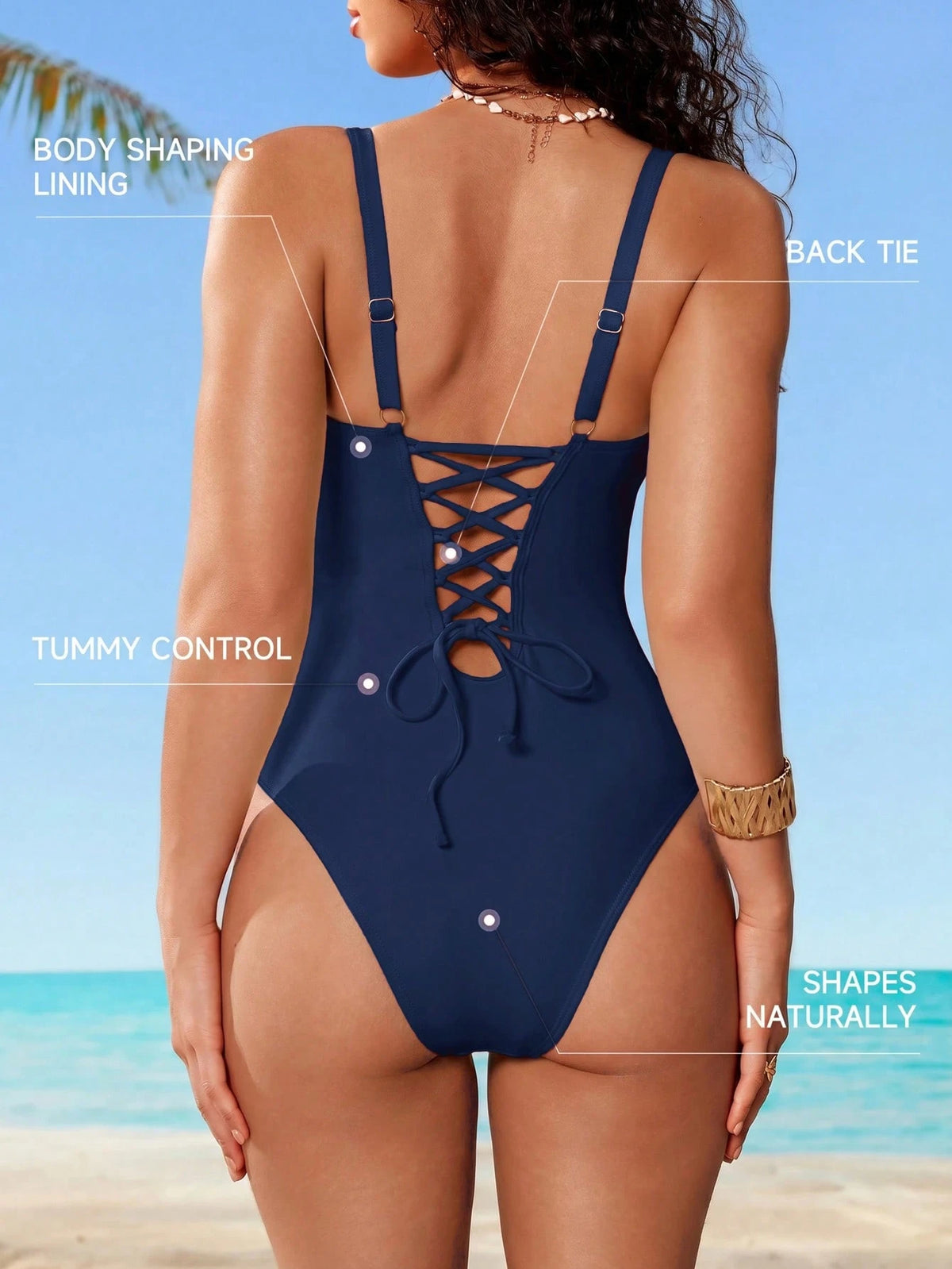 Shapewave Women's Solid Color One-Piece Swimsuit For Beach Vacation Navy Blue Summer Elegant Sexy