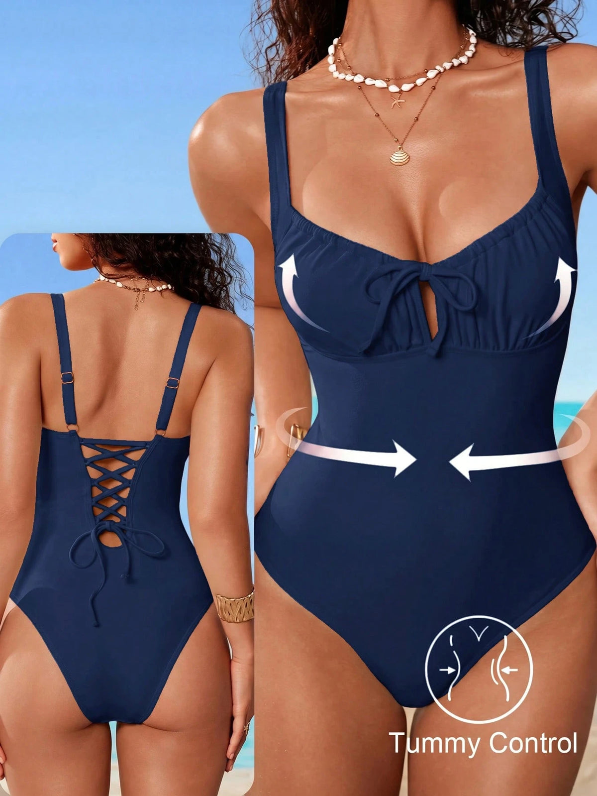 Shapewave Women's Solid Color One-Piece Swimsuit For Beach Vacation Navy Blue Summer Elegant Sexy