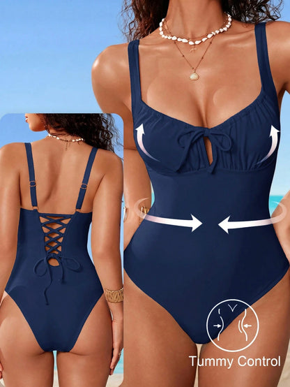 Shapewave Women's Solid Color One-Piece Swimsuit For Beach Vacation Navy Blue Summer Elegant Sexy