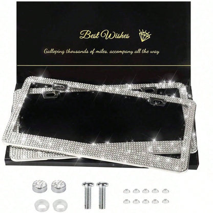 Shiny License Plate Frame, Crystal Rhinestone Stainless Steel Women's License Plate Frame, Diamond Car Exterior Accessory, Perfect Gift For Her, Car Accessories, Fits Most Vehicles