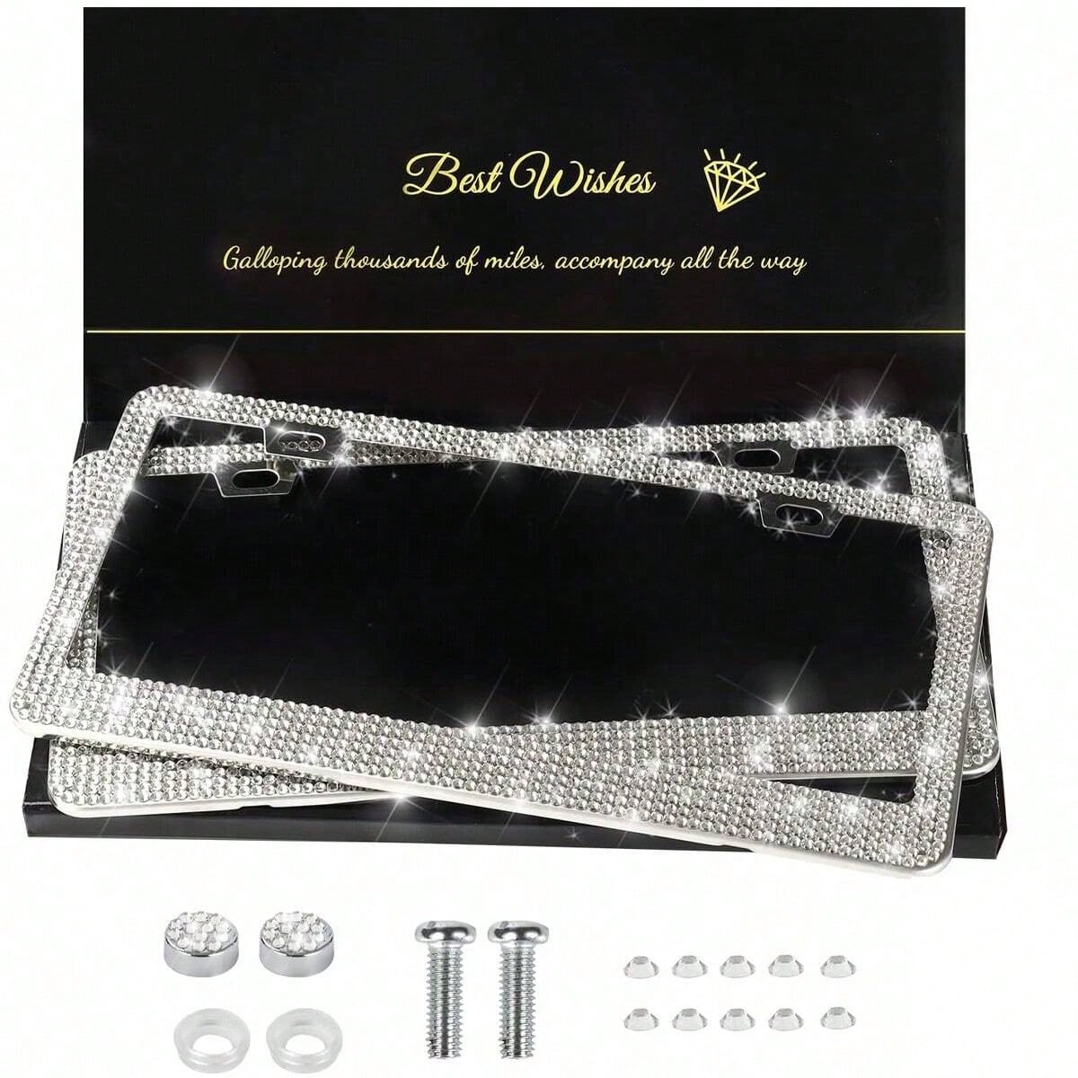Shiny License Plate Frame, Crystal Rhinestone Stainless Steel Women's License Plate Frame, Diamond Car Exterior Accessory, Perfect Gift For Her, Car Accessories, Fits Most Vehicles