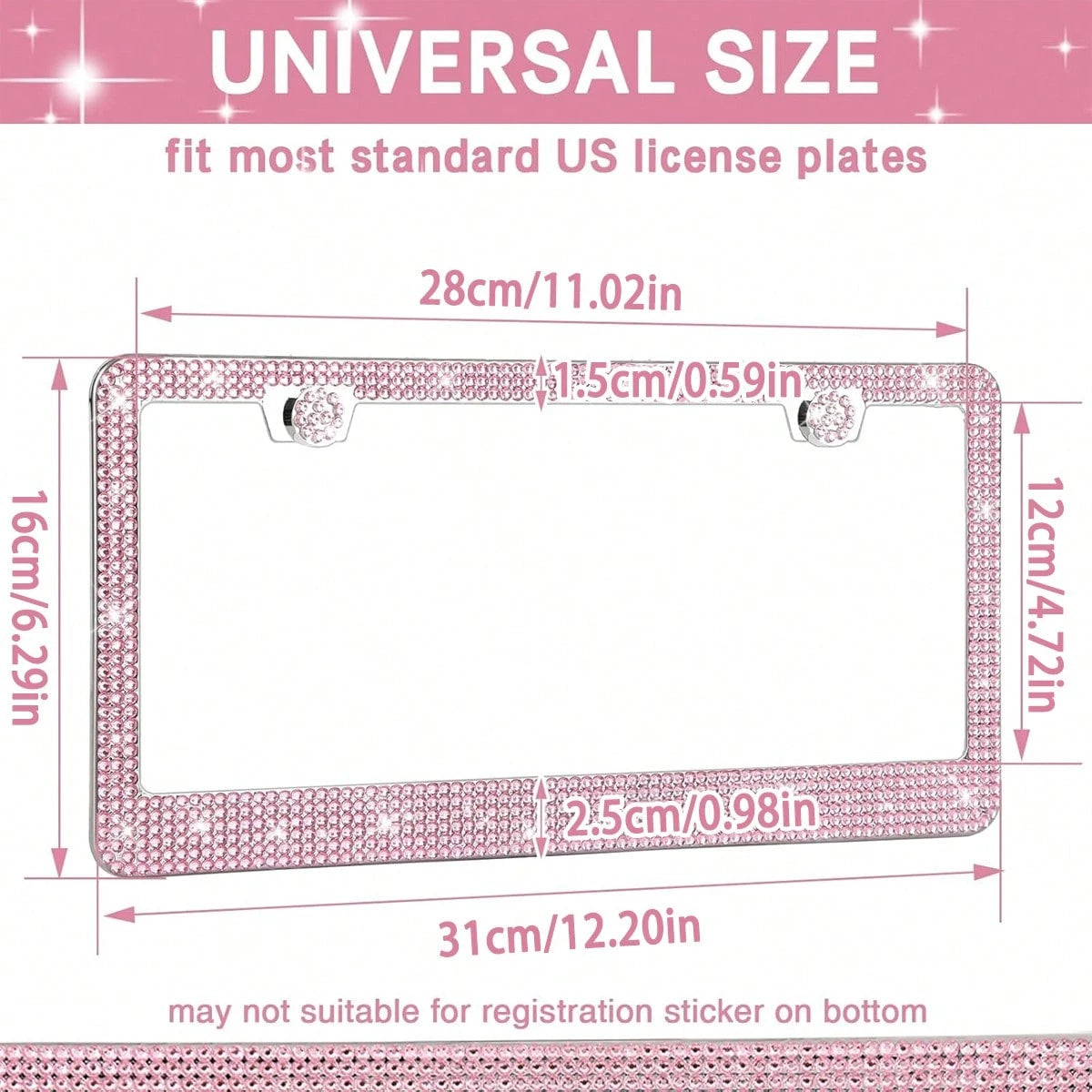 Shiny License Plate Frame, Crystal Rhinestone Stainless Steel Women's License Plate Frame, Diamond Car Exterior Accessory, Perfect Gift For Her, Car Accessories, Fits Most Vehicles