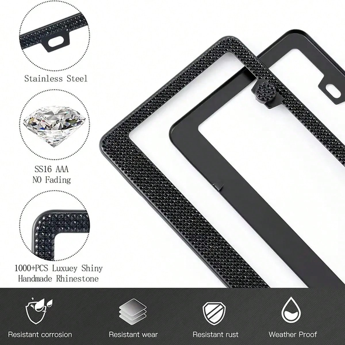Shiny License Plate Frame, Crystal Rhinestone Stainless Steel Women's License Plate Frame, Diamond Car Exterior Accessory, Perfect Gift For Her, Car Accessories, Fits Most Vehicles