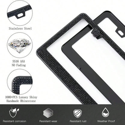 Shiny License Plate Frame, Crystal Rhinestone Stainless Steel Women's License Plate Frame, Diamond Car Exterior Accessory, Perfect Gift For Her, Car Accessories, Fits Most Vehicles