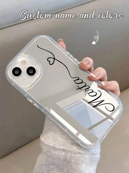 Shockproof Letter Elements Customized Thick Transparent Mirror Heart Line Signature Name Phone Case Suitable For 11, 12, 13, 14, 15, 16 Pro Max, Birthday Gift Anniversary Gift, Personalized Gift, Aest