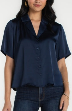 Short Sleeve Camp Collar Woven Blouse Dark Navy