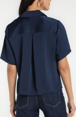 Short Sleeve Camp Collar Woven Blouse Dark Navy