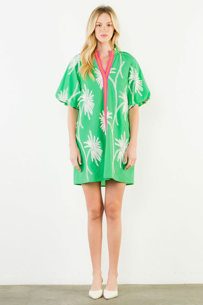 Short Sleeve Embriodered Dress Green