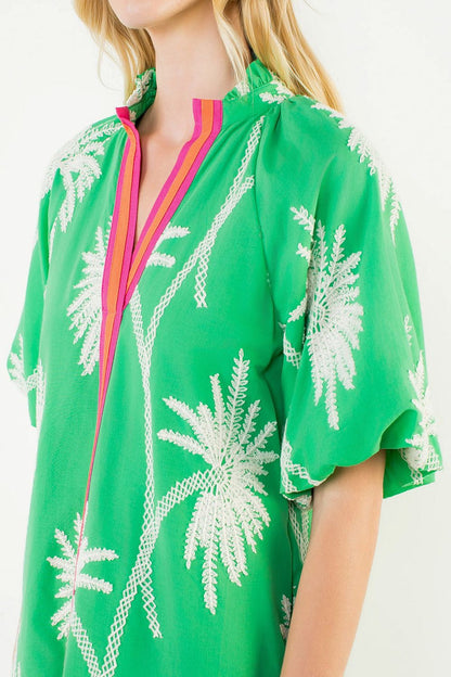 Short Sleeve Embriodered Dress Green