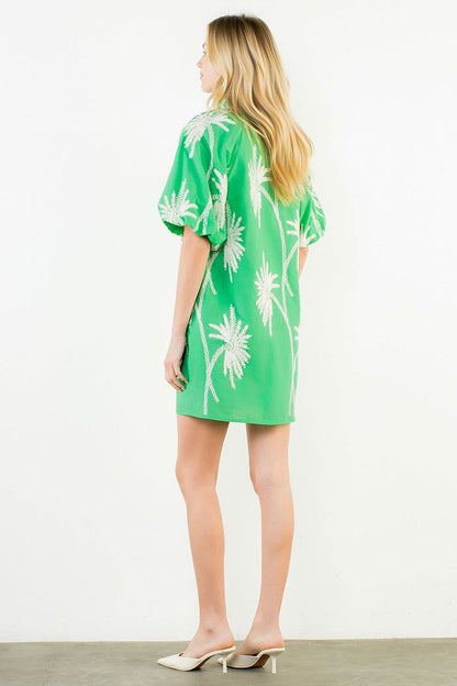 Short Sleeve Embriodered Dress Green