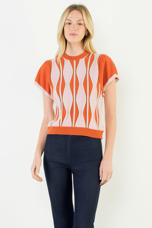 Short Sleeve Sweater Top Rust Pink Abstract