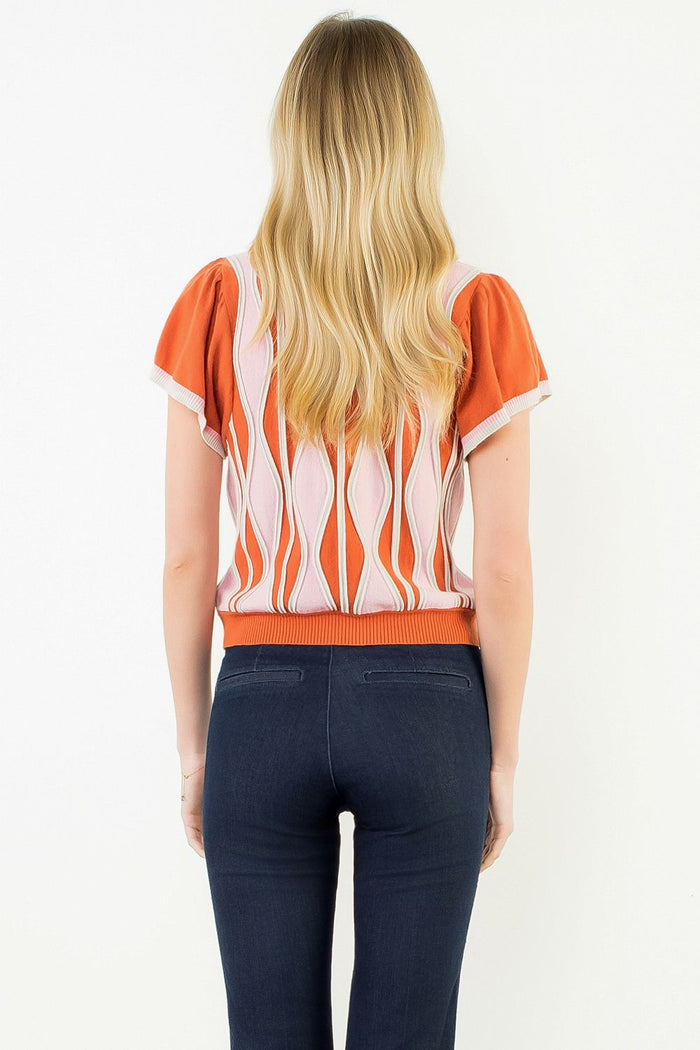 Short Sleeve Sweater Top Rust Pink Abstract