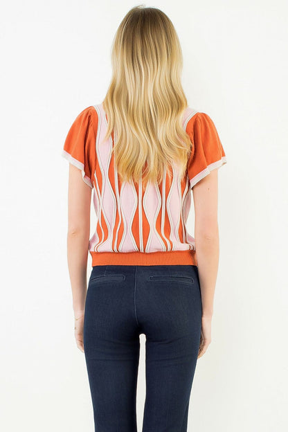 Short Sleeve Sweater Top Rust Pink Abstract
