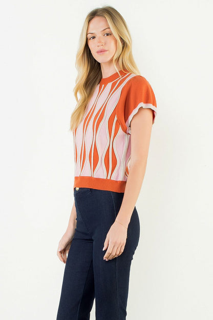 Short Sleeve Sweater Top Rust Pink Abstract
