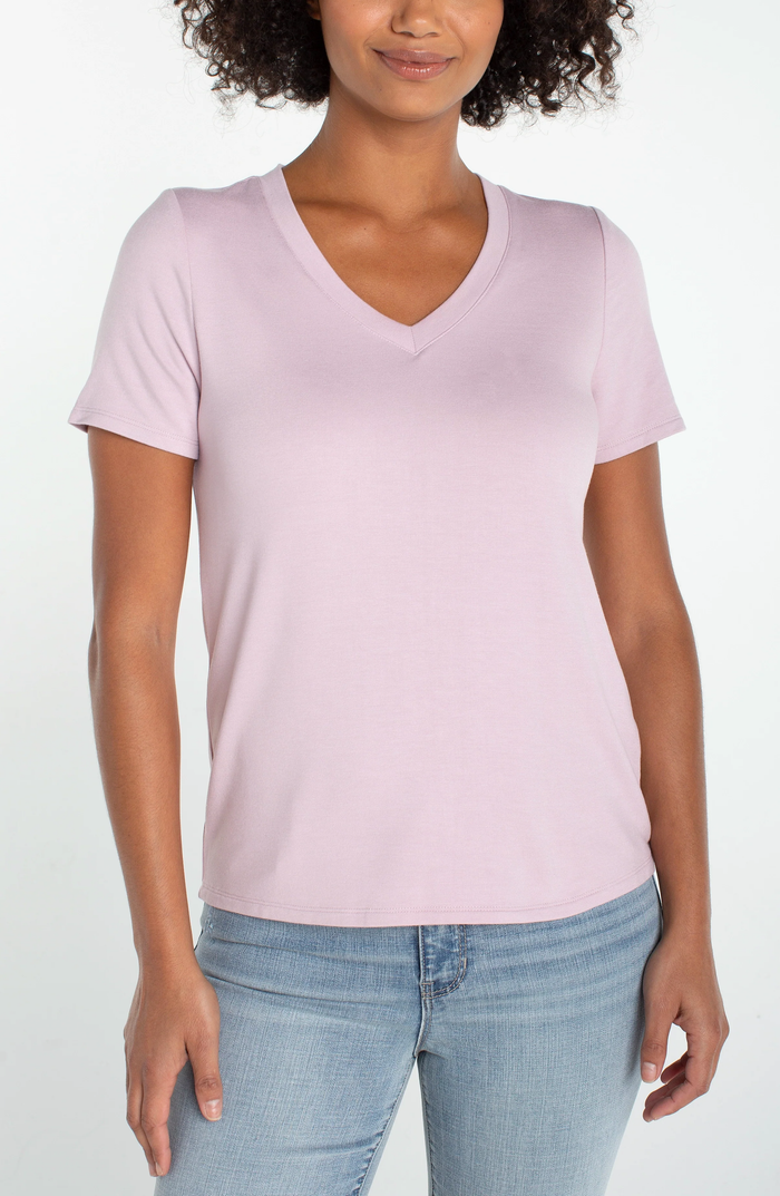 Short Sleeve V Neck Knit Tee Lilac Shadow