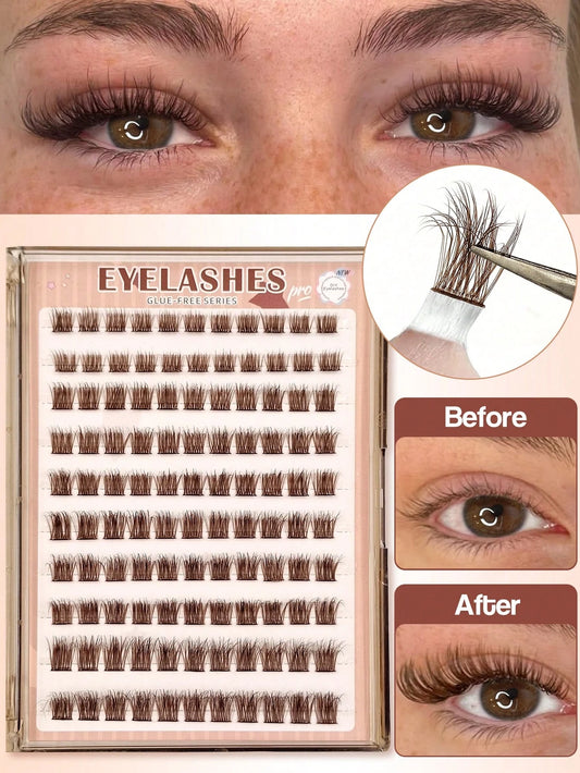 Sibeuna 110 Pcs D Curl Brown Self-Adhesive Lashes, Fluffy Cat Eye Lashes 8-16mm Mixed Length, Wispy Individual Lashes, DIY No-Glue Lashes,Pre Glued Lashes,For Beginners Easy To Use Salon-Quality Long