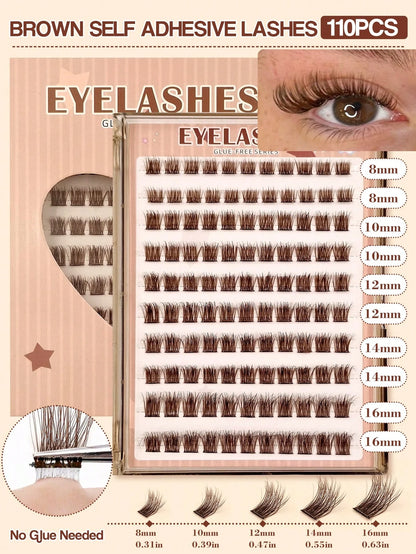 Sibeuna 110 Pcs D Curl Brown Self-Adhesive Lashes, Fluffy Cat Eye Lashes 8-16mm Mixed Length, Wispy Individual Lashes, DIY No-Glue Lashes,Pre Glued Lashes,For Beginners Easy To Use Salon-Quality Long
