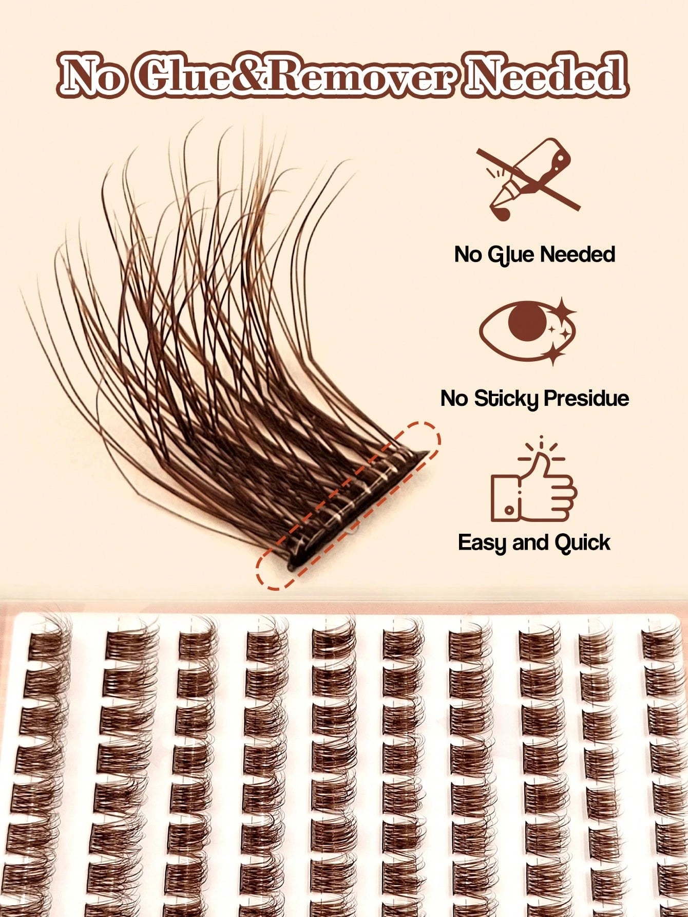 Sibeuna 110 Pcs D Curl Brown Self-Adhesive Lashes, Fluffy Cat Eye Lashes 8-16mm Mixed Length, Wispy Individual Lashes, DIY No-Glue Lashes,Pre Glued Lashes,For Beginners Easy To Use Salon-Quality Long