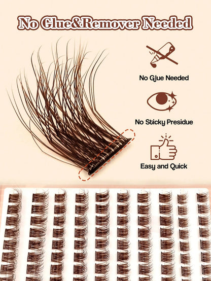 Sibeuna 110 Pcs D Curl Brown Self-Adhesive Lashes, Fluffy Cat Eye Lashes 8-16mm Mixed Length, Wispy Individual Lashes, DIY No-Glue Lashes,Pre Glued Lashes,For Beginners Easy To Use Salon-Quality Long