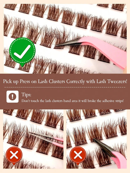 Sibeuna 110 Pcs D Curl Brown Self-Adhesive Lashes, Fluffy Cat Eye Lashes 8-16mm Mixed Length, Wispy Individual Lashes, DIY No-Glue Lashes,Pre Glued Lashes,For Beginners Easy To Use Salon-Quality Long