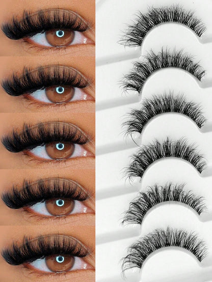 Sibeuna 6 Pairs Fluffy False Eyelashes Natural Look Wispy Strip Lashes Clear Invisible Band Cross Cat Eye Lashes Suitable For Daily Wear