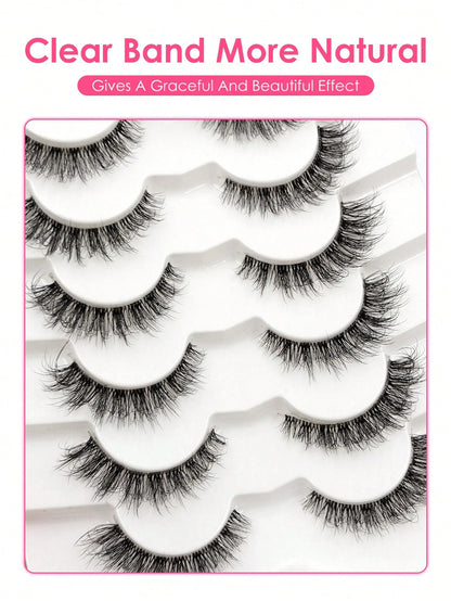 Sibeuna 6 Pairs Fluffy False Eyelashes Natural Look Wispy Strip Lashes Clear Invisible Band Cross Cat Eye Lashes Suitable For Daily Wear