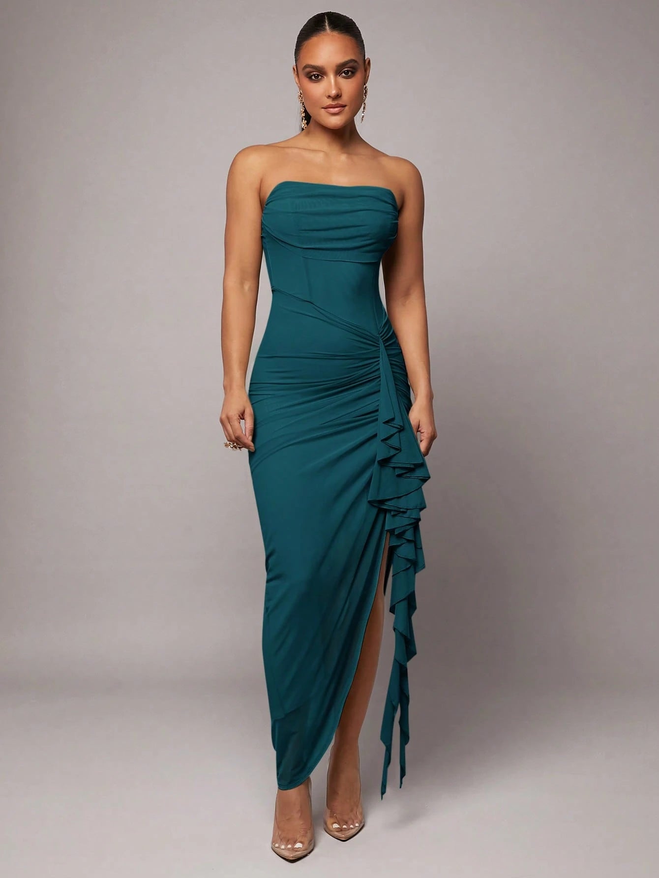 Silquee Teal Summer Elegant Tropical Cocktail Maxi Dress, Ruffle High Slit Bodycon Party Dresses For Women,Valentine's Day,Wedding Guest,Prom,Date