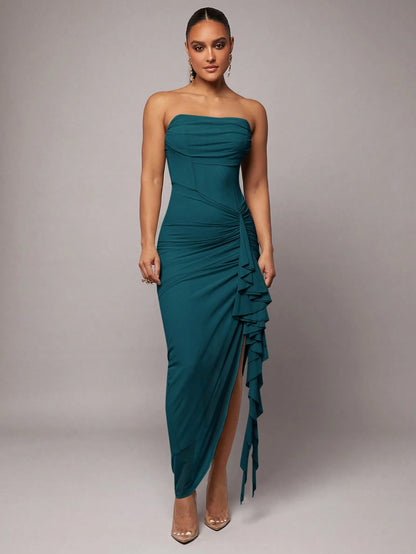 Silquee Teal Summer Elegant Tropical Cocktail Maxi Dress, Ruffle High Slit Bodycon Party Dresses For Women,Valentine's Day,Wedding Guest,Prom,Date
