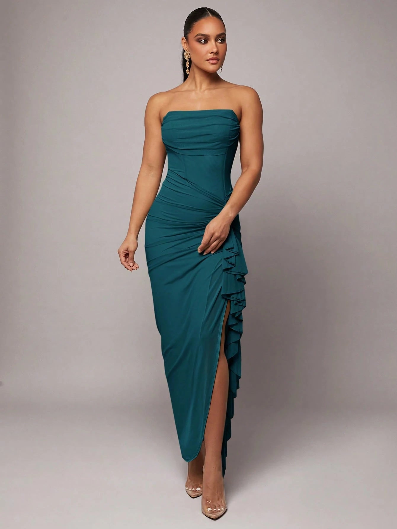 Silquee Teal Summer Elegant Tropical Cocktail Maxi Dress, Ruffle High Slit Bodycon Party Dresses For Women,Valentine's Day,Wedding Guest,Prom,Date