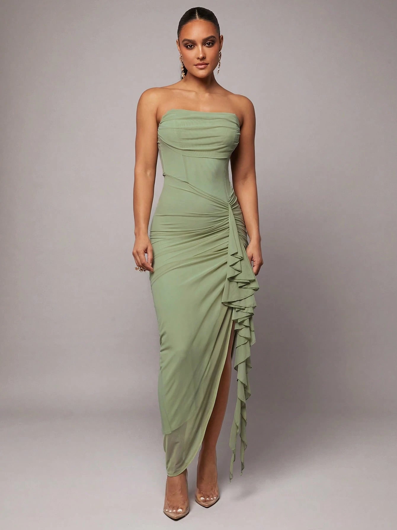 Silquee Teal Summer Elegant Tropical Cocktail Maxi Dress, Ruffle High Slit Bodycon Party Dresses For Women,Valentine's Day,Wedding Guest,Prom,Date